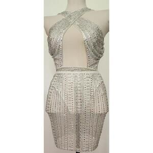 12th Tribe White Silver Rhinestone Beaded Mesh Mini Skirt & Bodysuit Dance XS